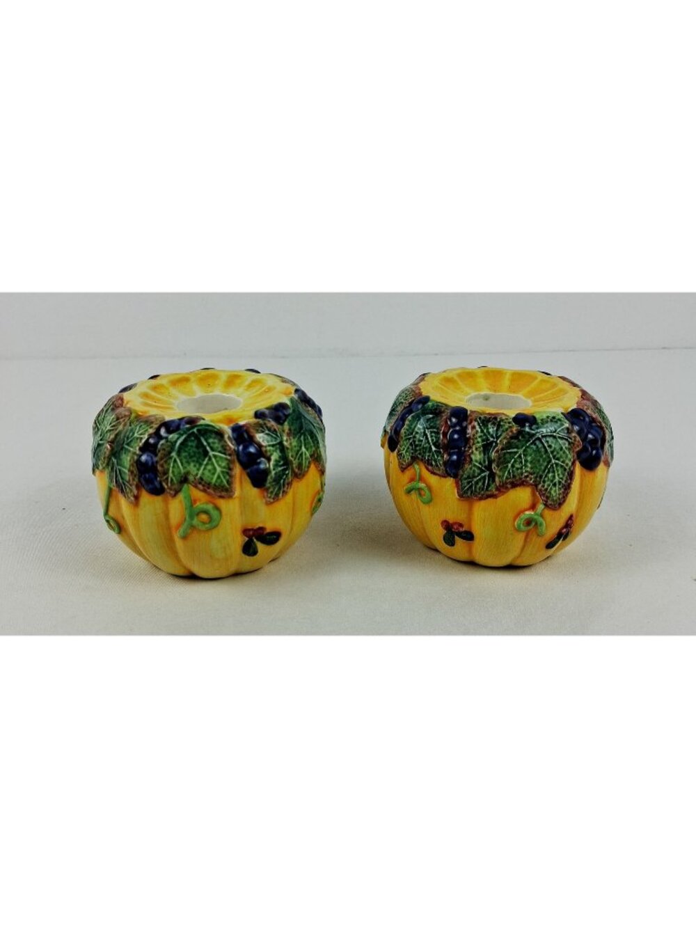 Fitz And Floyd Harvest Banquet Pumpkin Taper Candle Holders Autumn Grapevine